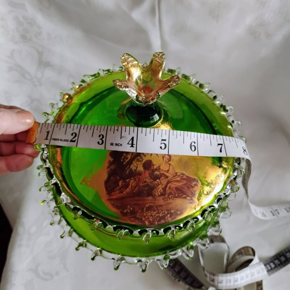 MCM Empoli Green Glass Compote Lidded Candy Dish Rigaree Edge Gilt Gold Romantic - Picture 5 of 13